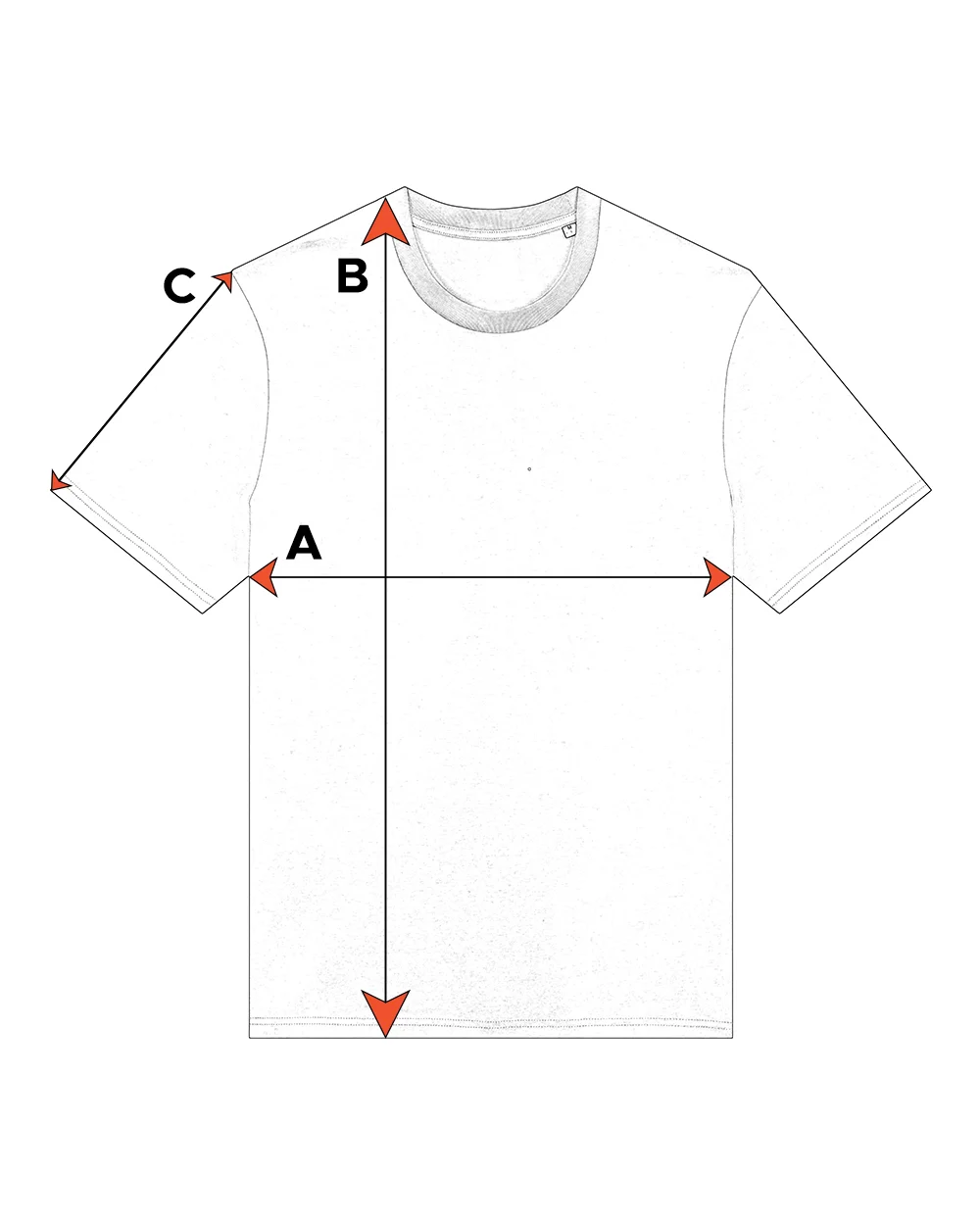 Measurement chart for a white t-shirt with labeled points A, B, and C on a white background.