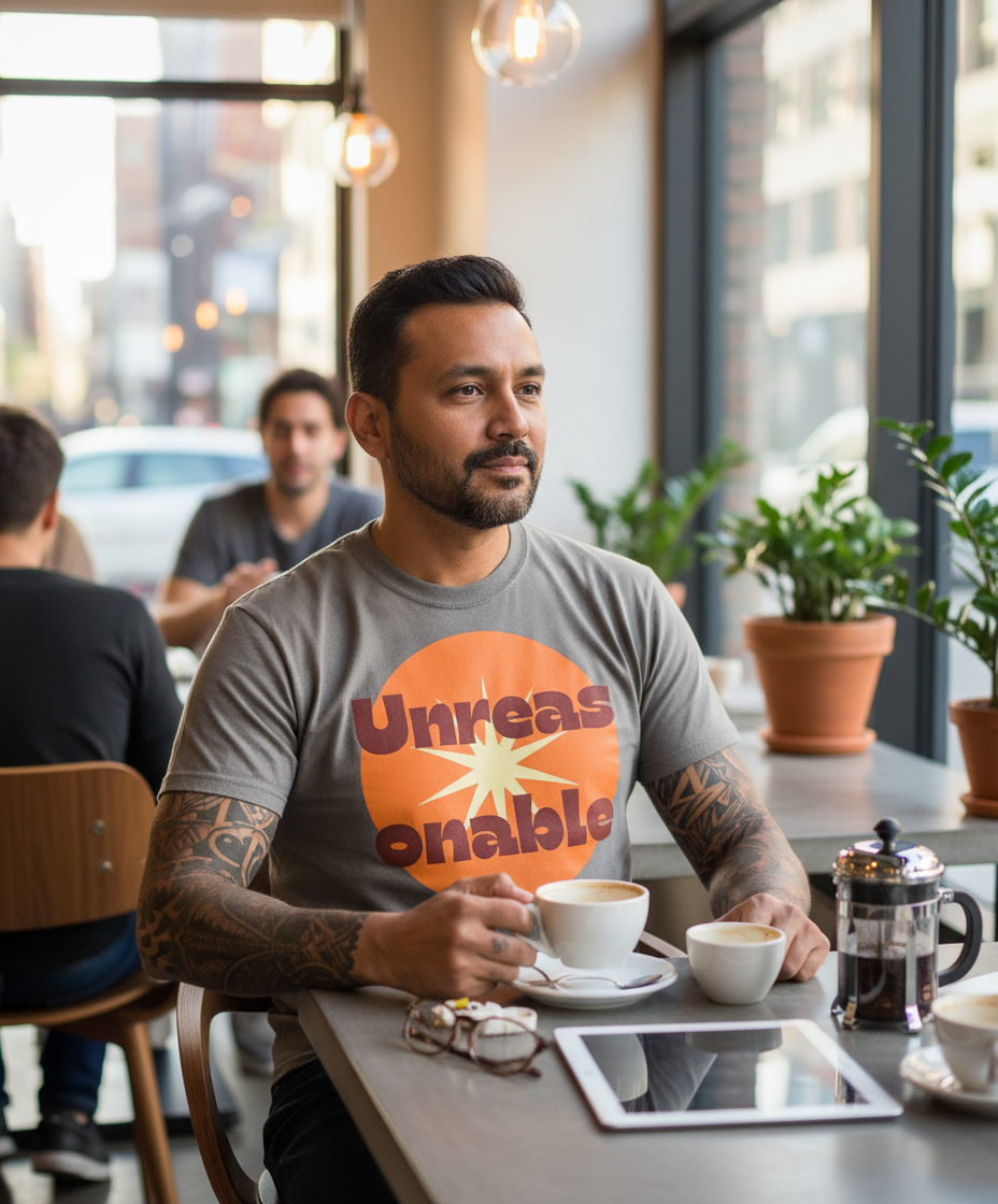 Man sitting at a cafe table with coffee and a tablet, wearing a gray t-shirt with an orange logo.