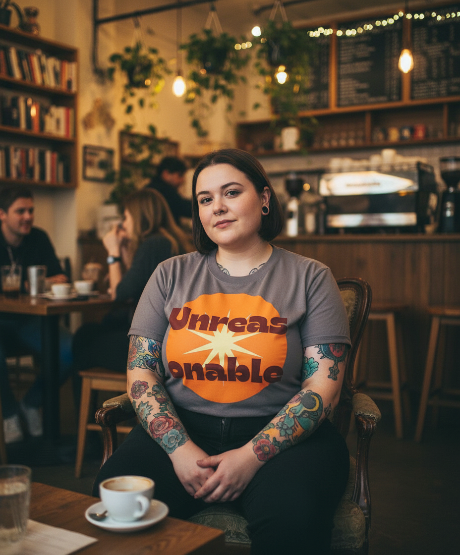 Person sitting in a cafe wearing a gray t-shirt with an orange logo and text.