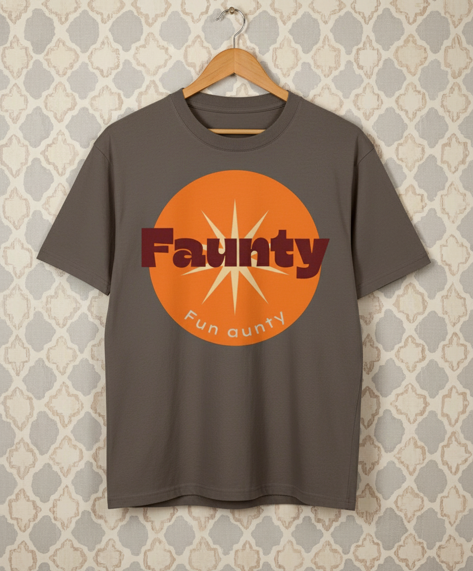 Brown t-shirt with orange logo and text 'Faunty Fun aunty' on a patterned wall background