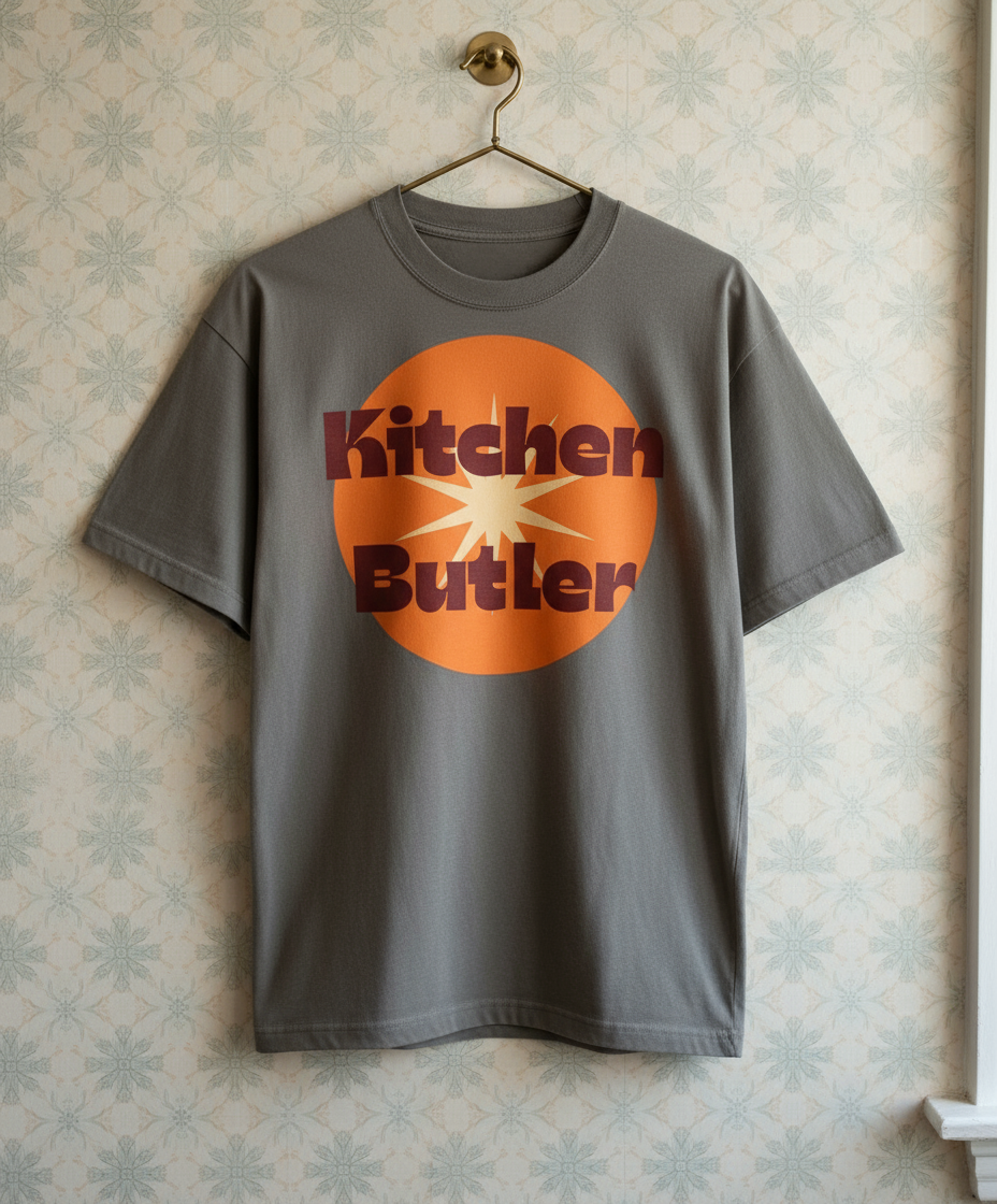 Gray t-shirt with 'Kitchen Butler' logo on an orange circle, hanging against a patterned wall.