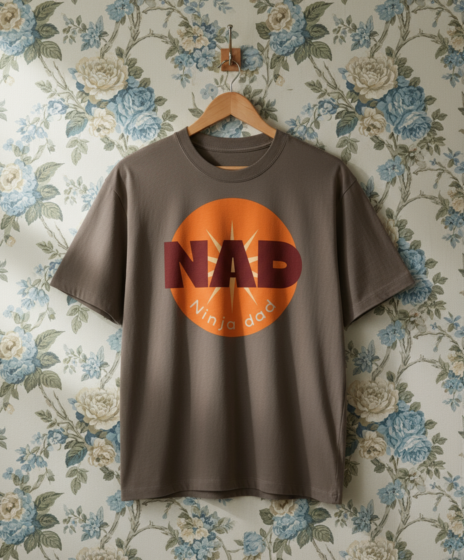 Brown t-shirt with orange and red logo on a floral wallpaper background