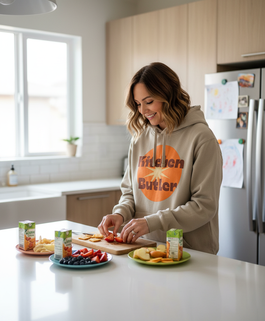 Woman in a kitchen preparing food, wearing a 'Kitchen Butler' hoodie.