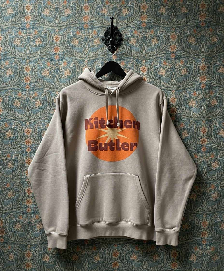 Gray hoodie with 'Kitchen Butler' logo on a floral patterned background