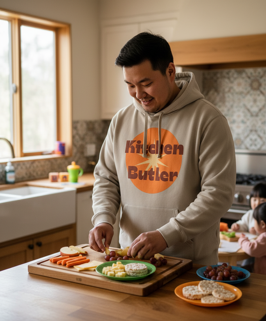 Man in a kitchen wearing a 'Kitchen Butler' hoodie, preparing food.