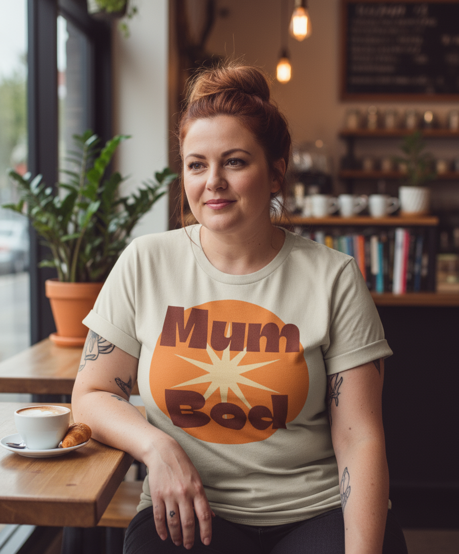 Woman wearing a t-shirt with 'Mum Boel' design in a cafe setting