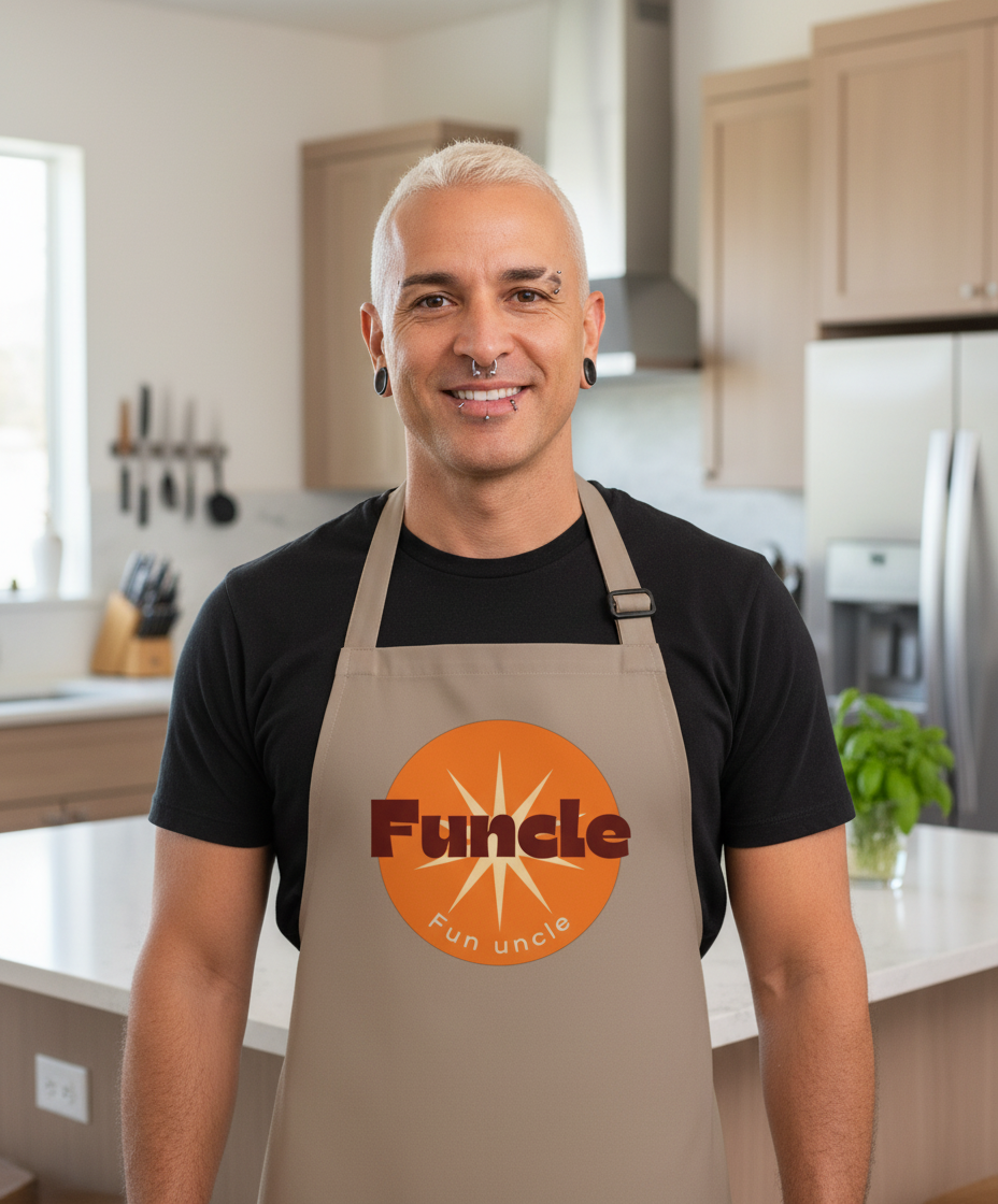 Man wearing a beige apron with 'Funcle' logo in a kitchen